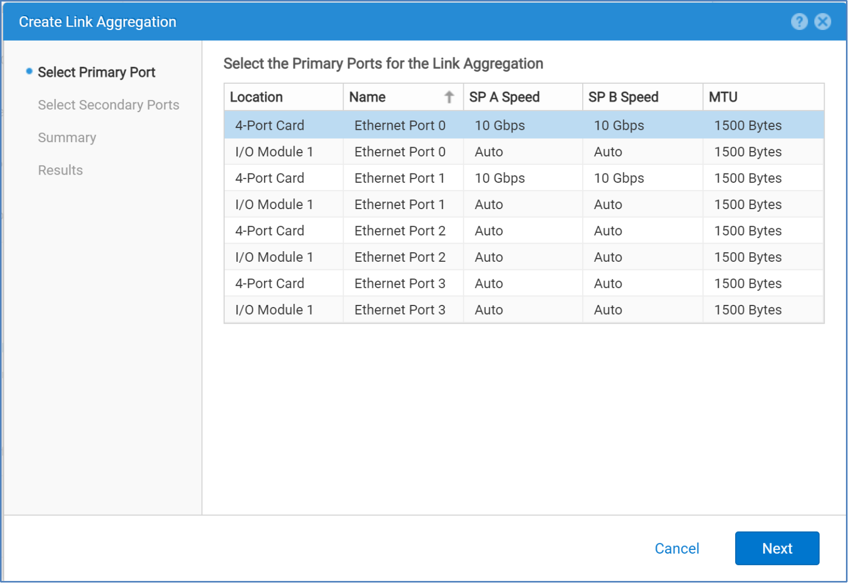 This picture shows the selection of the primary port for the link aggregation being define.