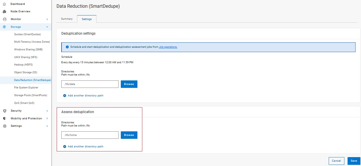 WebUI screenshot showing deduplication assessment job configuration.