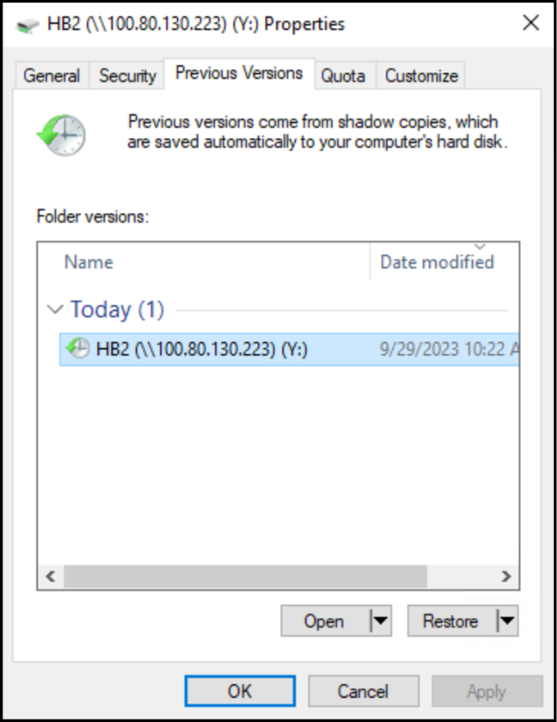 Snapshot access in an SMB share