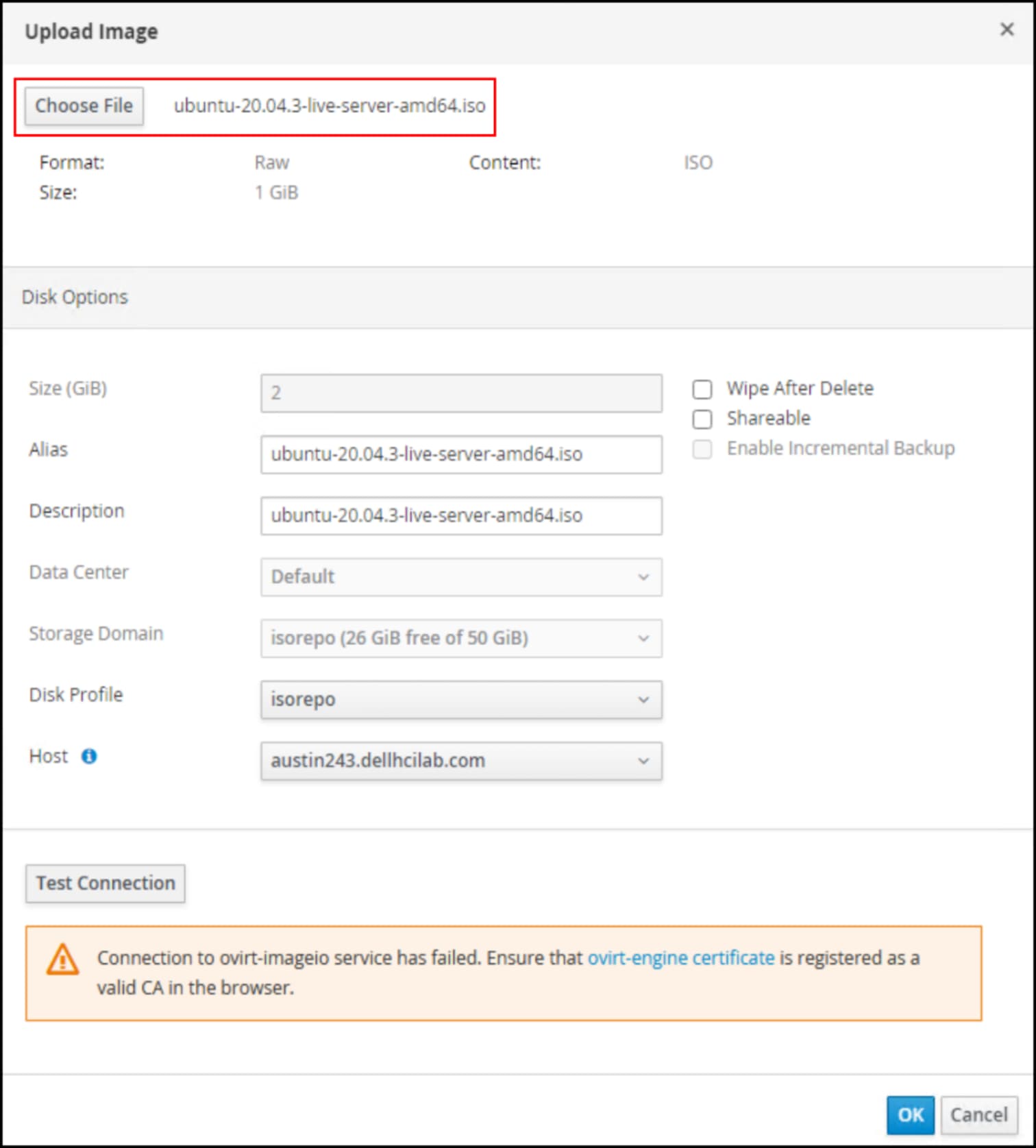 Failed connection to ovirt-imageio service