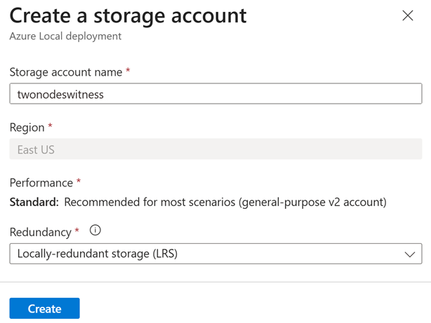 Window showing fields where you enter an account name and selecte the region and redundancy settings