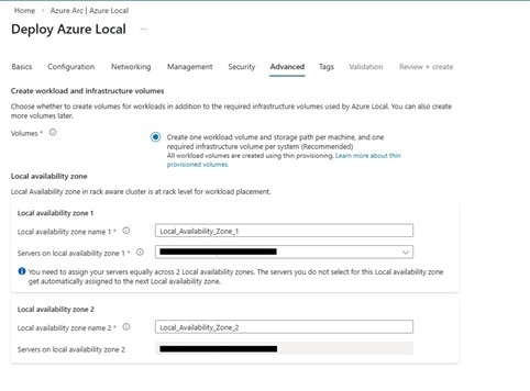 Figure showing the option to create one workload volume and storage path per machine, and one required infrastructure volume per system under the Advanced tab in the Azure Local deployment process.