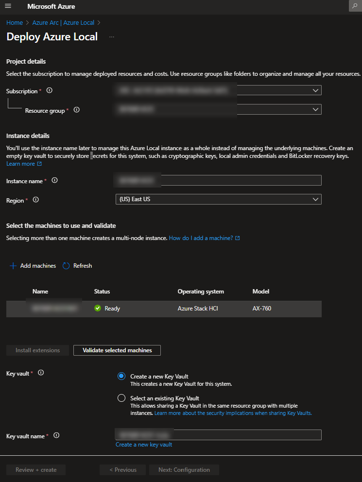 deployment basics wizard window showing key vault naming and server validation