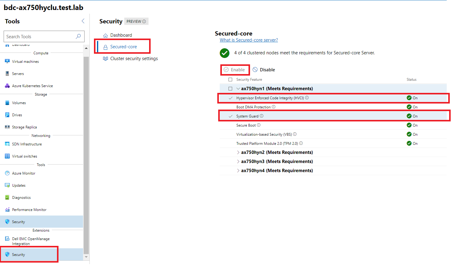 Secured-core details in the Security window