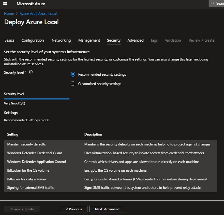 deployment wizard security window with recommended security settings selected
