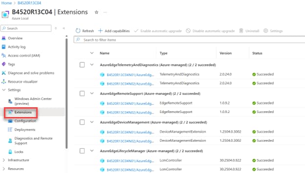 Azure portal Extensions window showing succesful machine installations