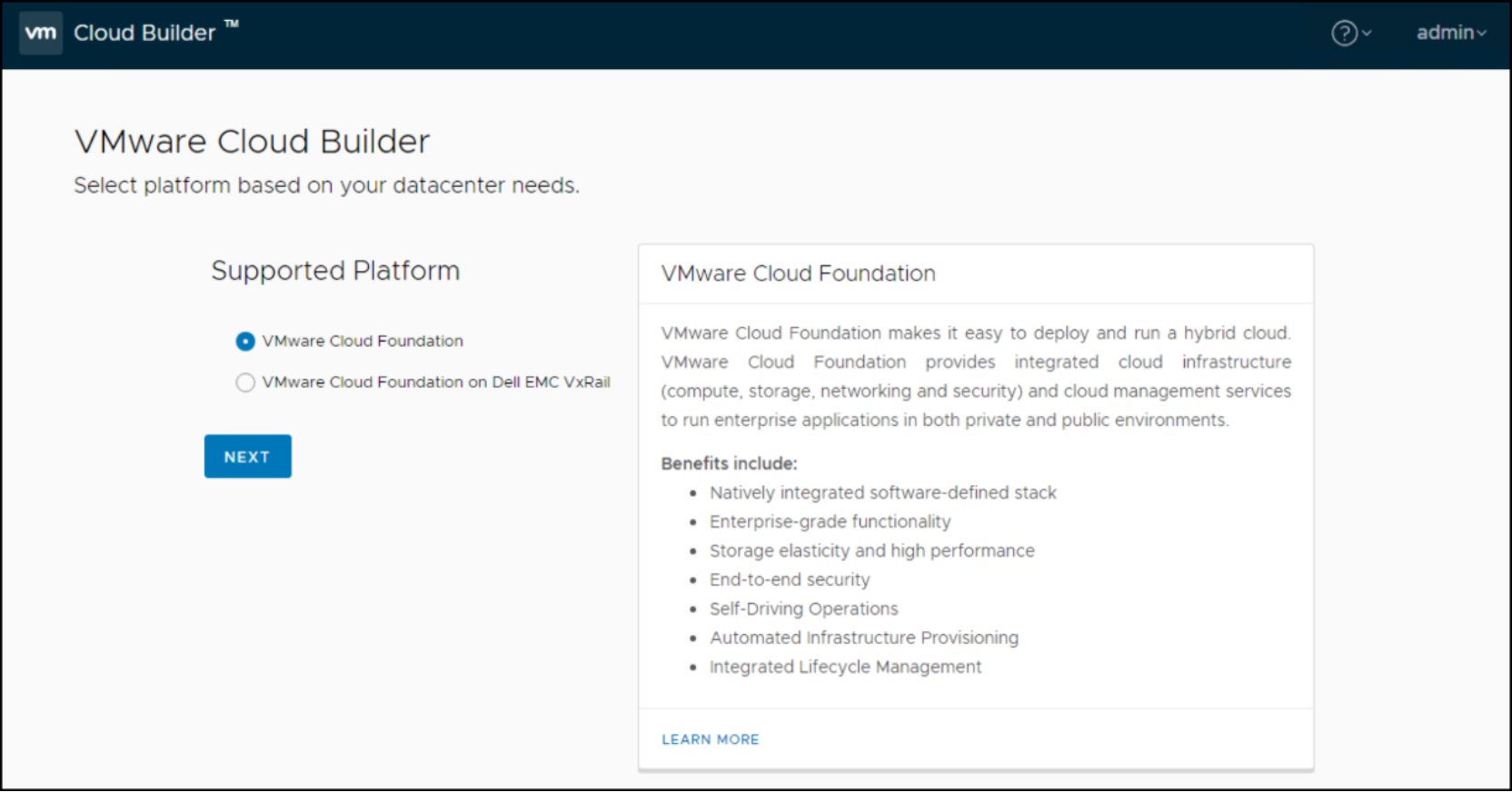 The first Cloud Builder installation screen showing the two types - generic and VxRail