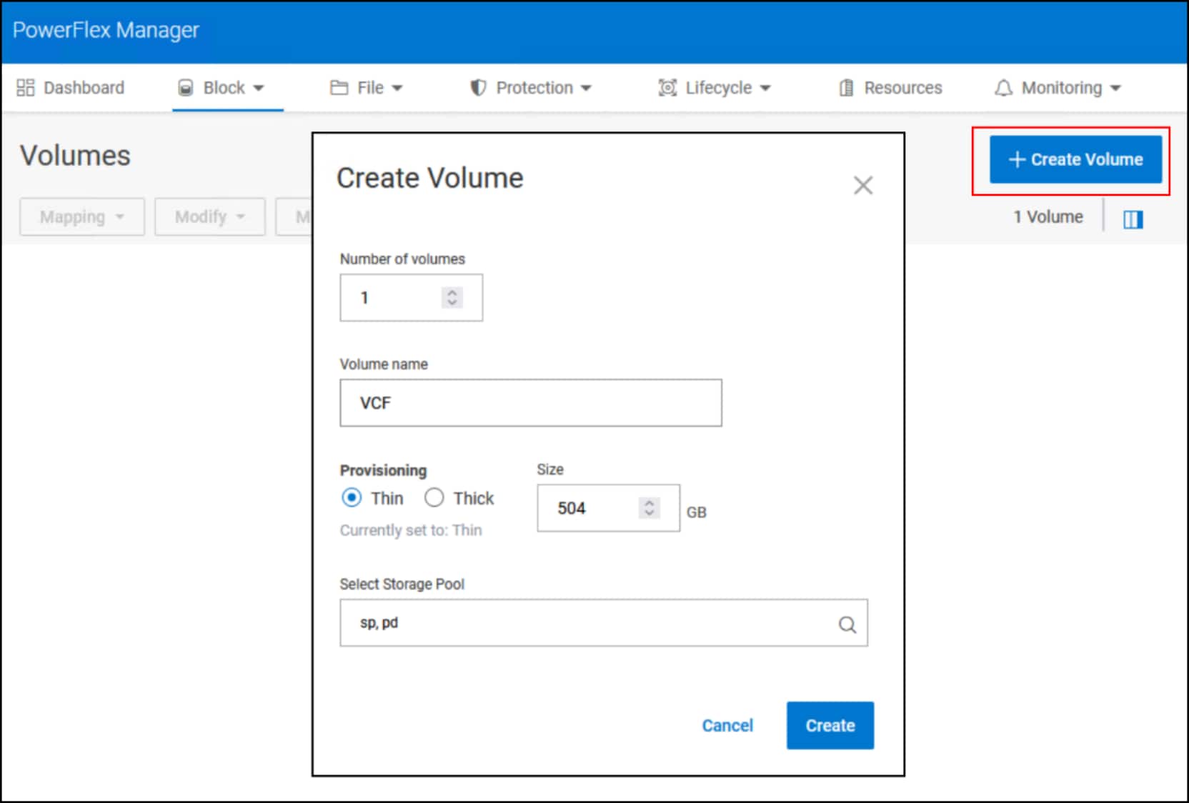 Create a new volume in the PowerFlex UI for VCF