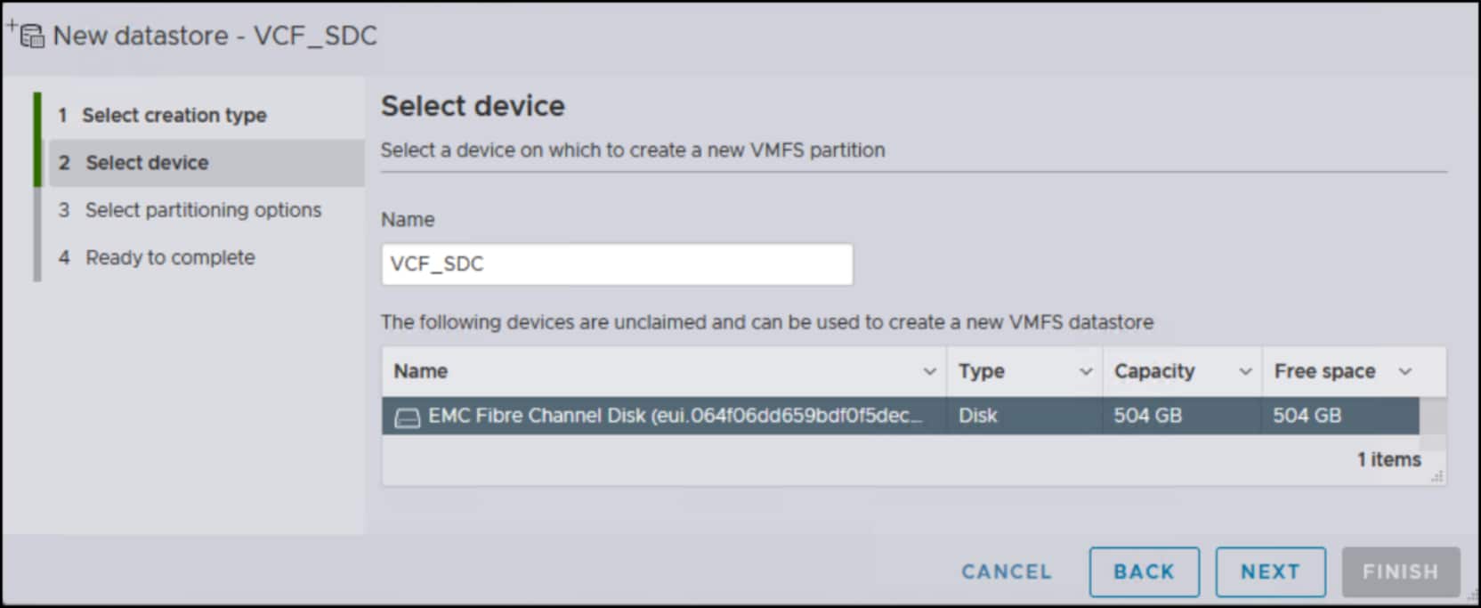 Select the previously created device that was mapped to the SDC hosts