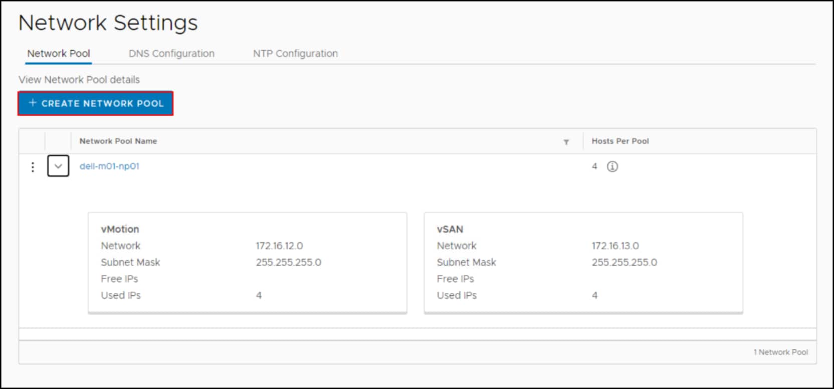 Create the new network pool which is required for the workload domain.