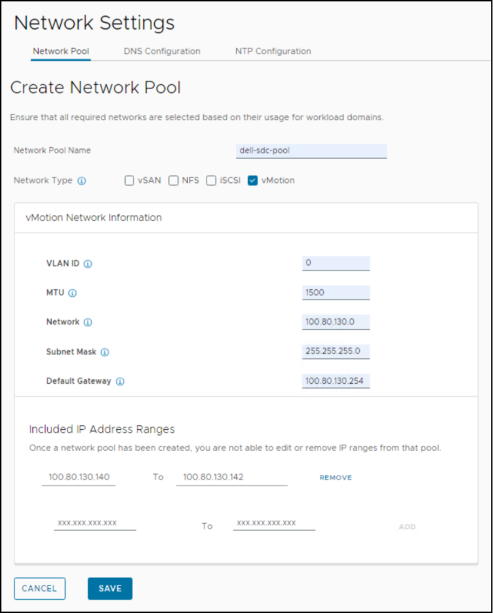 Enter in the values for the network pool in the UI
