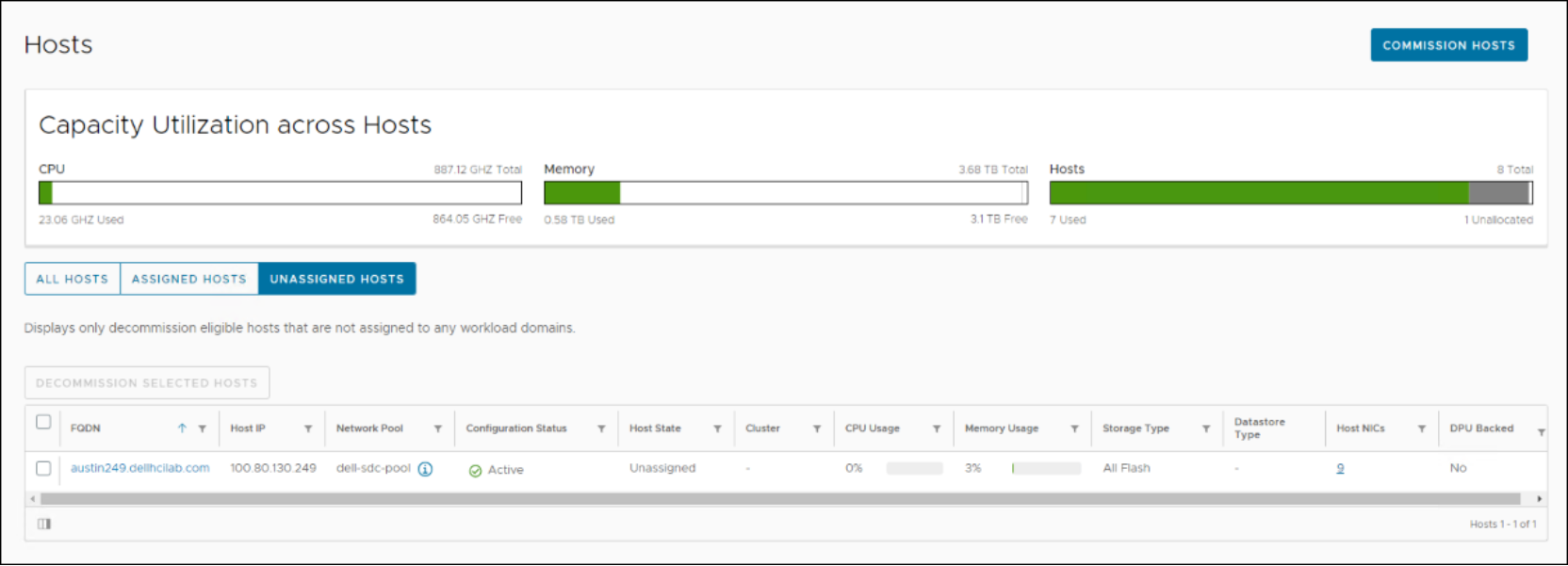 This shows the unassigned hosts in the UI