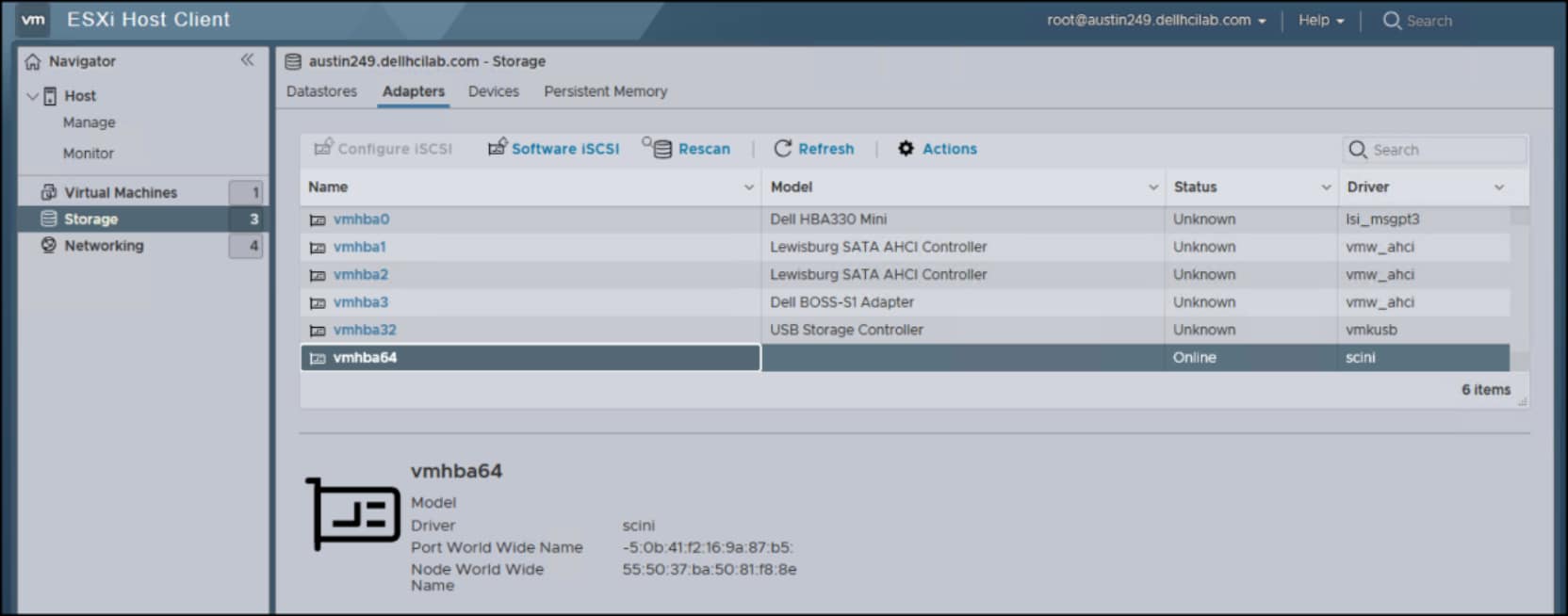The SDC generates a new vmhba which is displayed here in the ESXi host client.