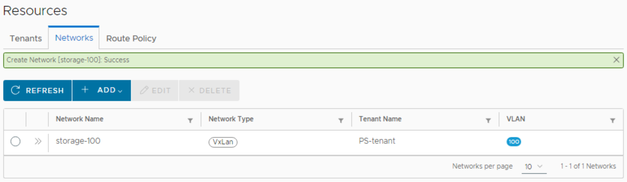 This figure shows a screenshot of the Resources window with the created storage network.