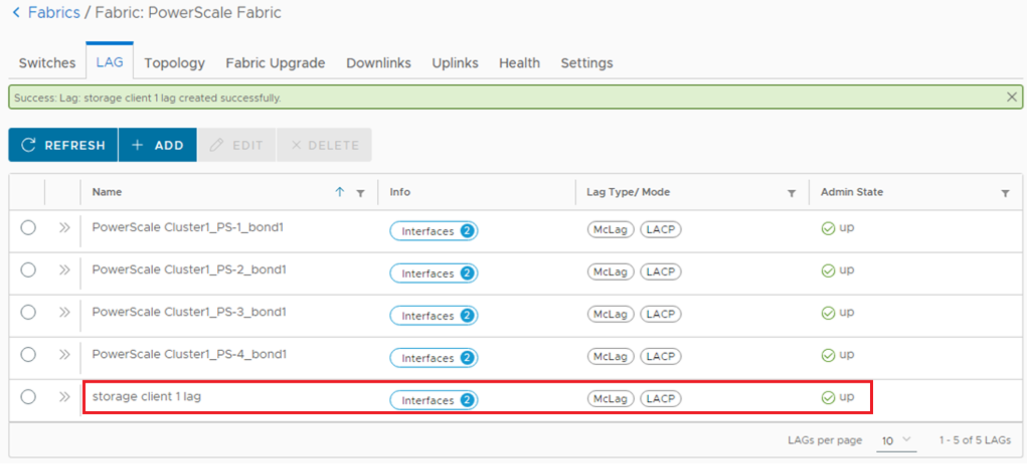 This figure shows a screenshot of the Fabric LAG tab with the storage client lag added.