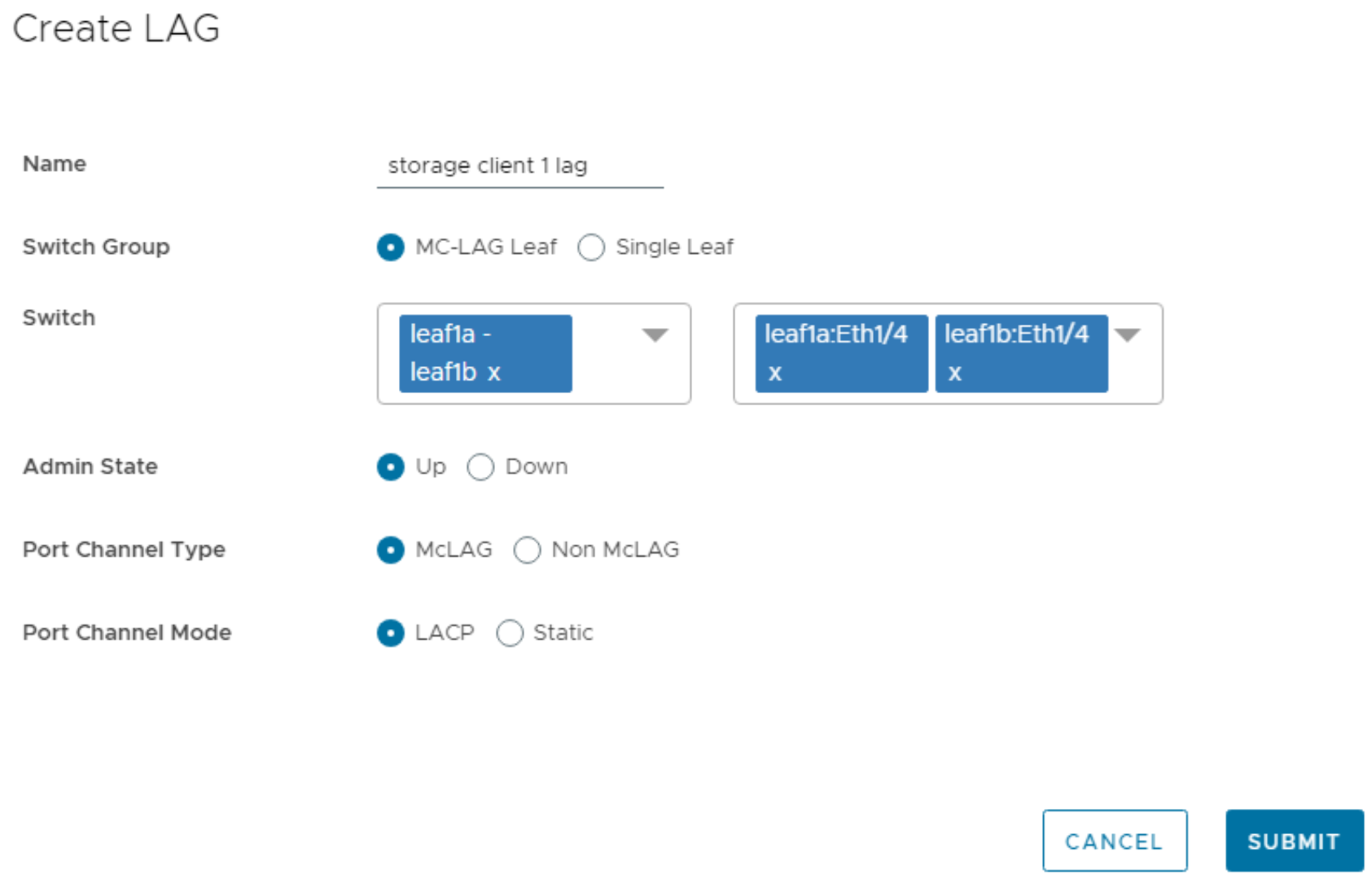 This figure shows a screenshot of the completed storage client Create LAG dialog box.