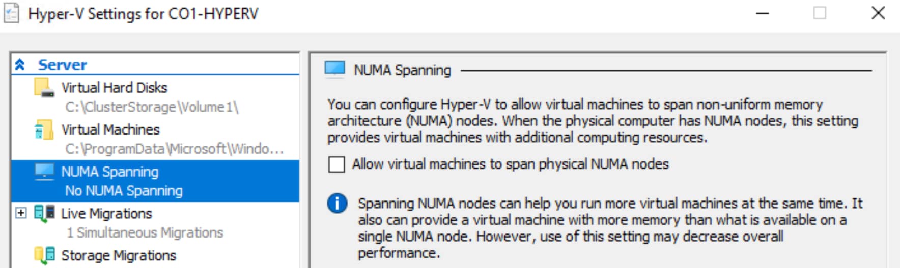 A screenshot showing NUMA spanning settings on Hyper-V hosts