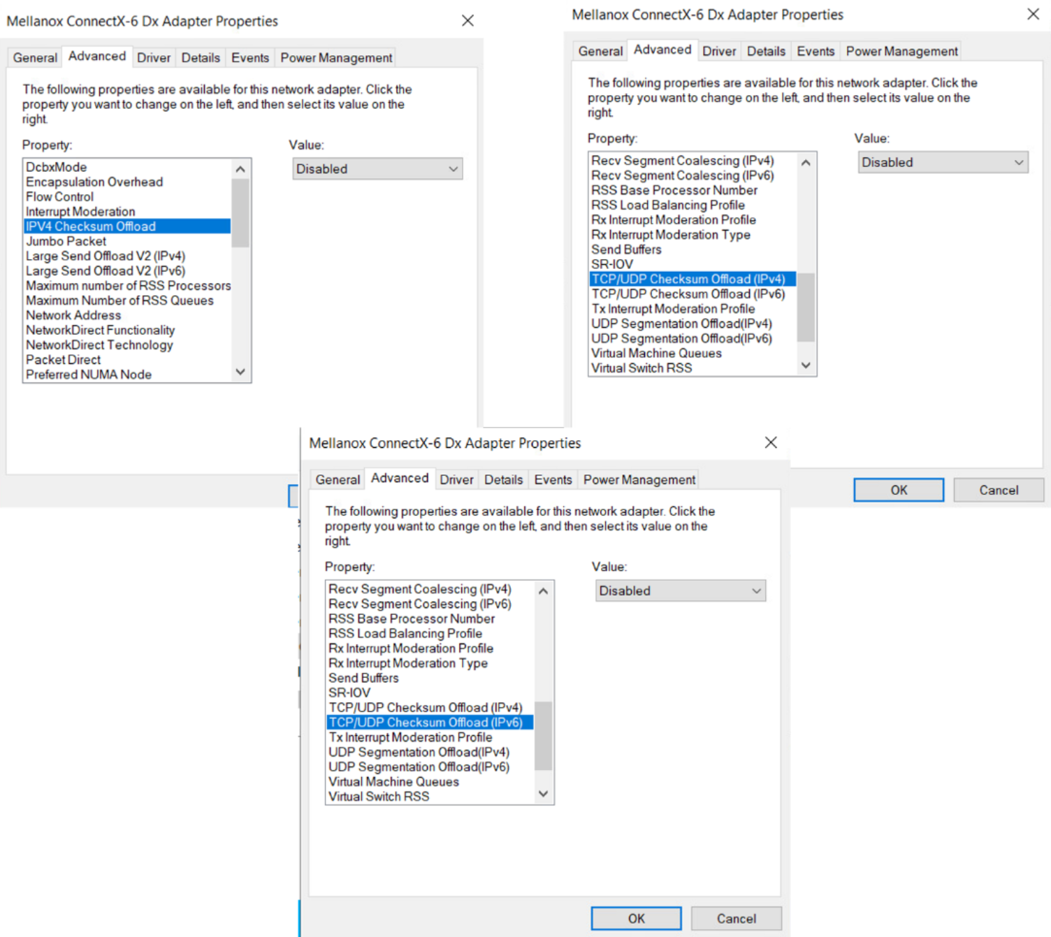 A screenshot showing the TCP/UDP checksum offload on the Hyper-V hosts