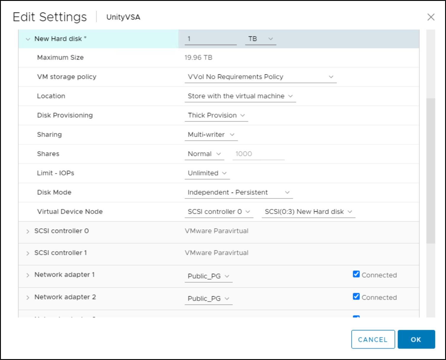 UnityVSA VM settings. Example shows adding a new Virtual Disk to the UnityVSA