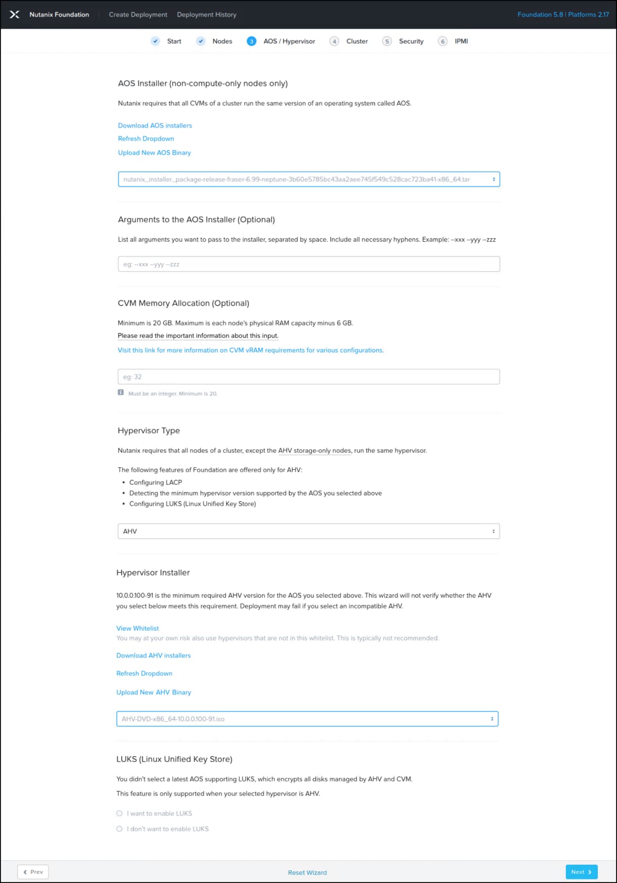 Deployment wizard step 3 for Nutanix Foundation.