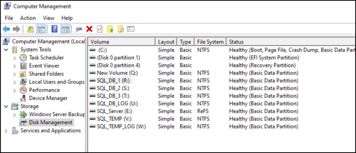 Showing the disk management screen for all drives that are part of the SQL Server database.