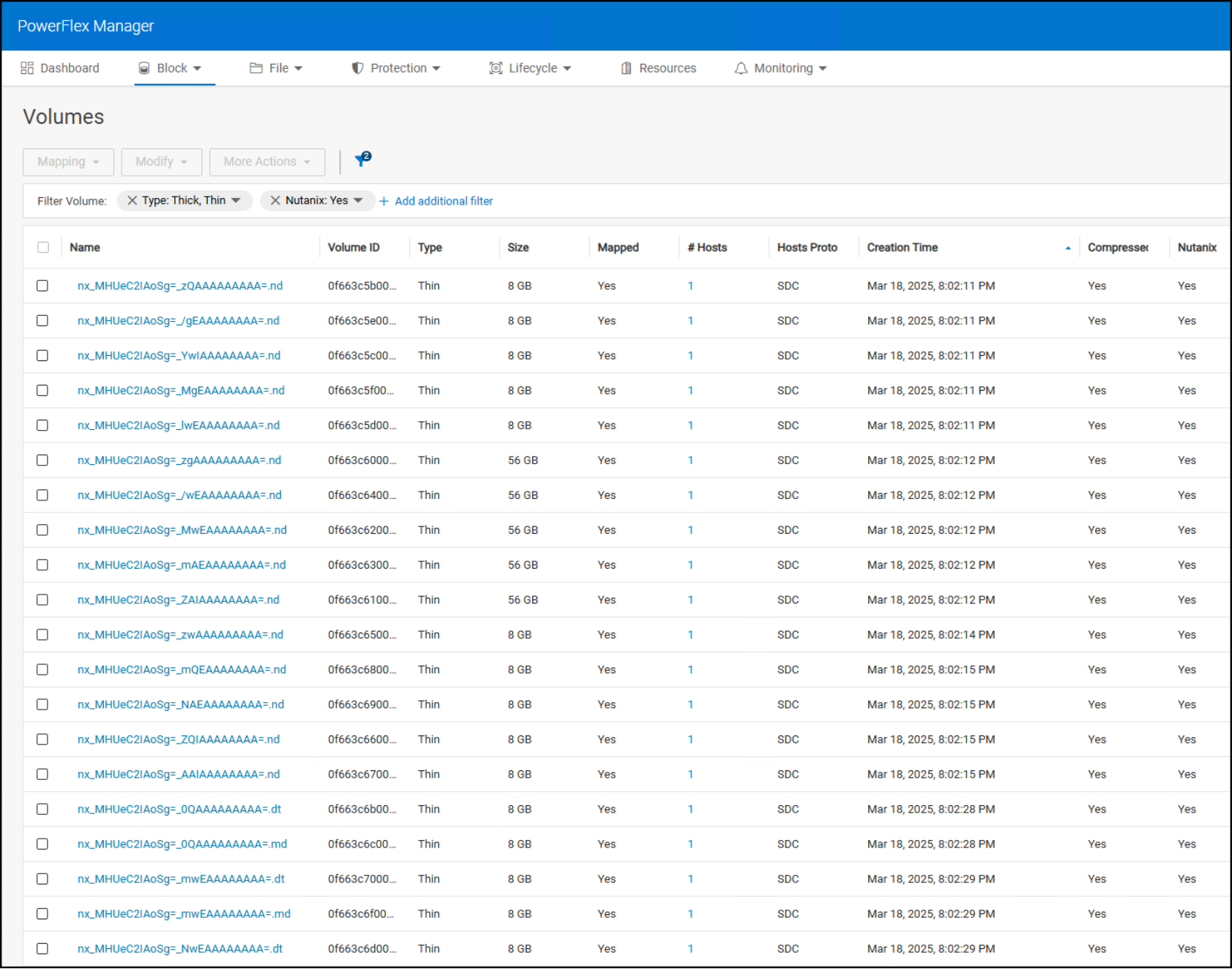 Screenshot of PowerFlex Manager block volumes of the type Nutanix.