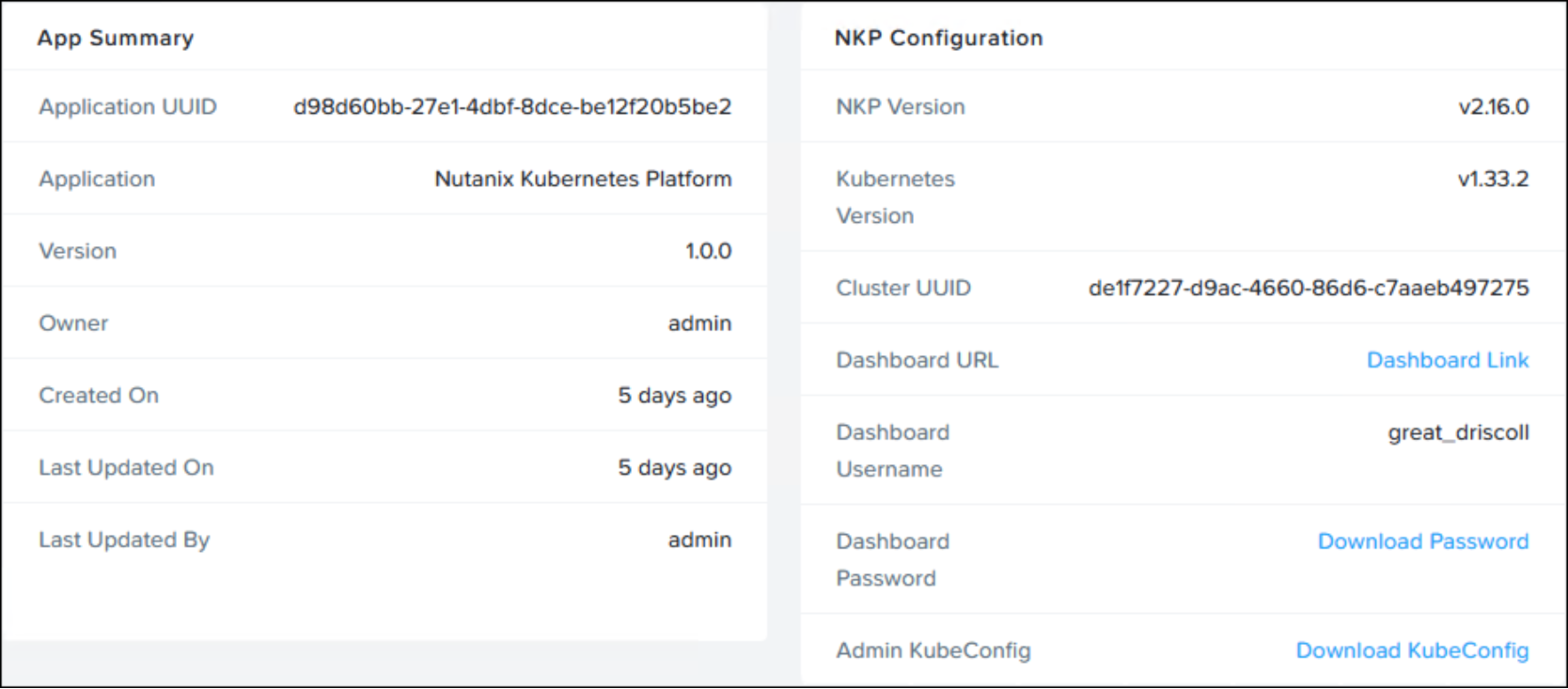 Figure showing Kommander dashboard URL, credentials, and KubeConfig for management cluster