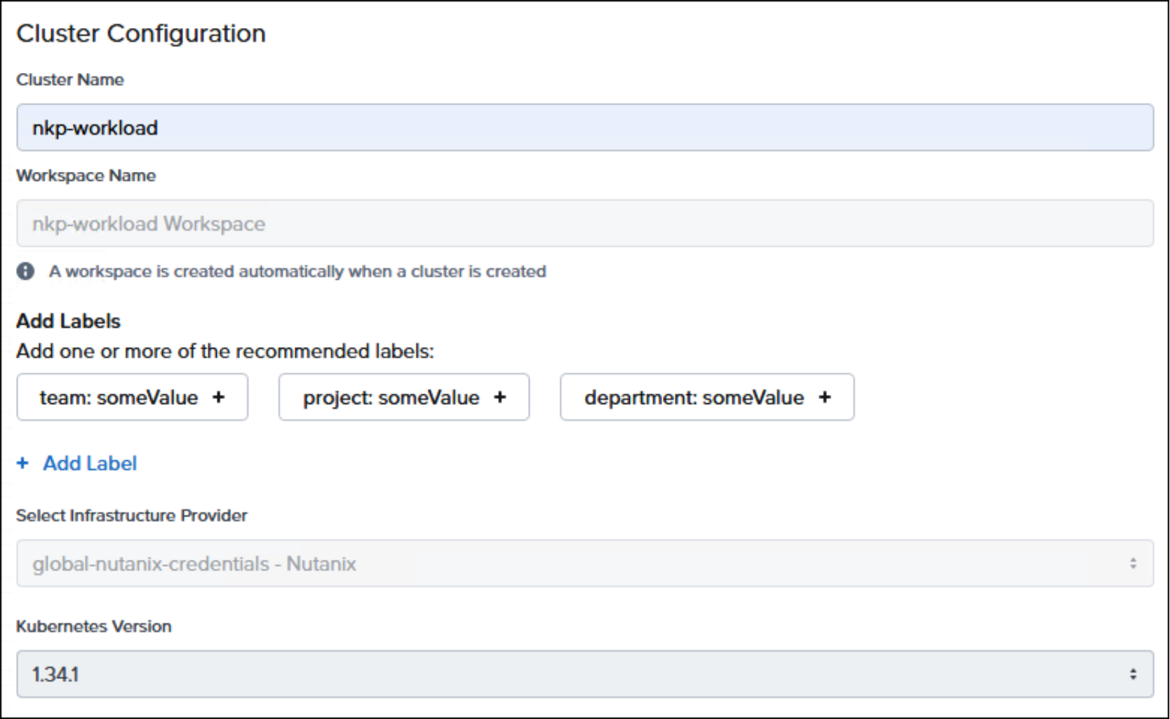 Figure showing Cluster Name portion of NKP workload cluster deployment.