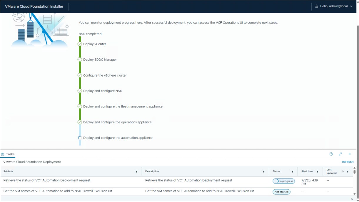 VMware Cloud Foundation Installer - progress screen.