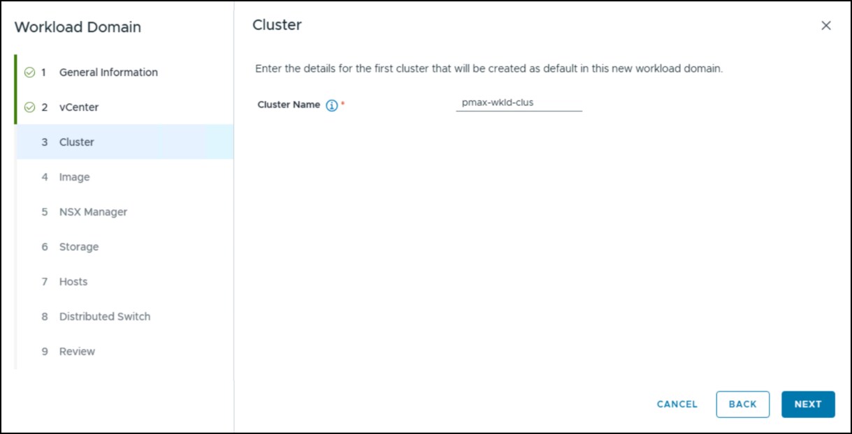 Workload domain creation wizard - step 3.