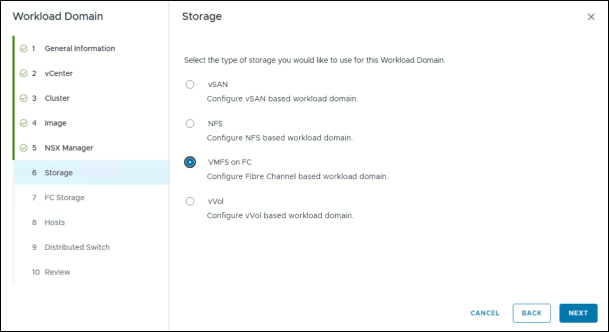 Workload domain creation wizard - step 6.