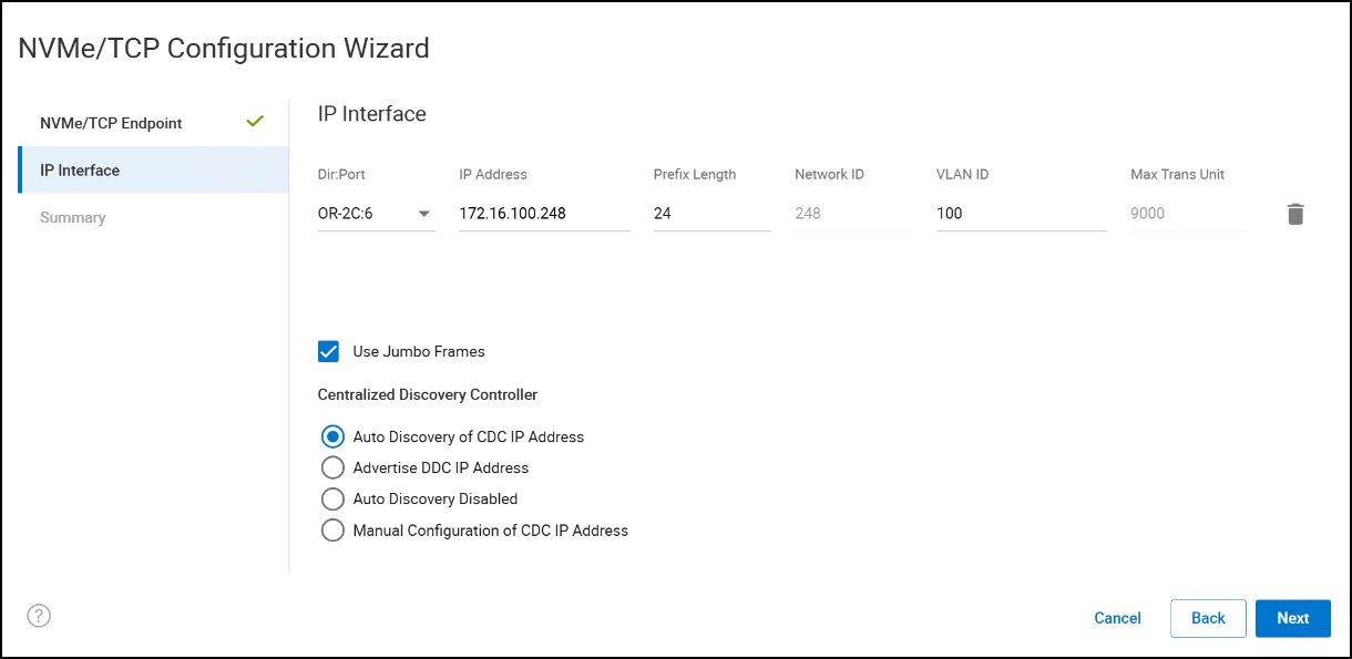 Step 2 creation of NVMe/TCP config wizard