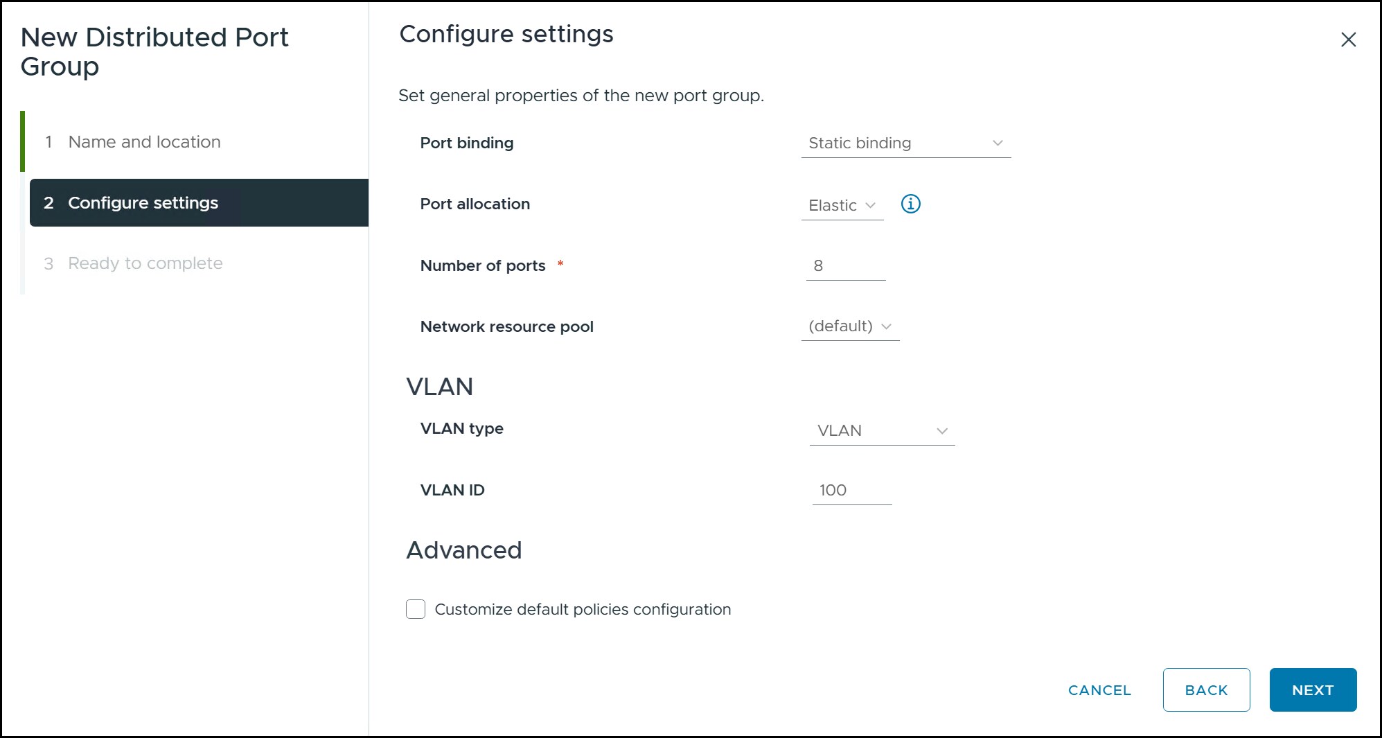 Adding a new VDS port group step 2