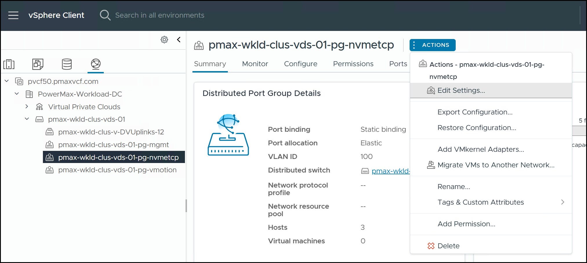Edit settings of VDS port group