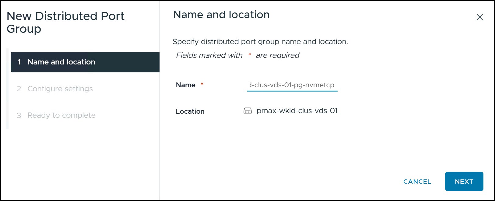 Adding a new VDS port group step 1