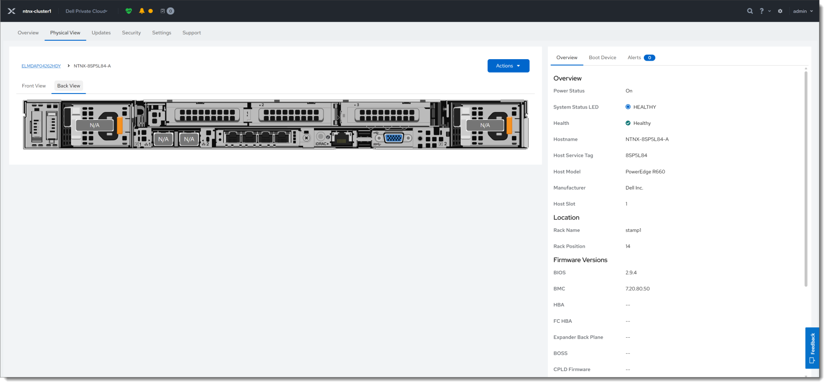 Screenshot of a network device management interface showing a front view diagram of a rack-mounted switch with labeled ports and indicators. The right panel displays detailed device information including power status, model number, manufacturer, and location within the rack.AI-generated content may be incorrect.