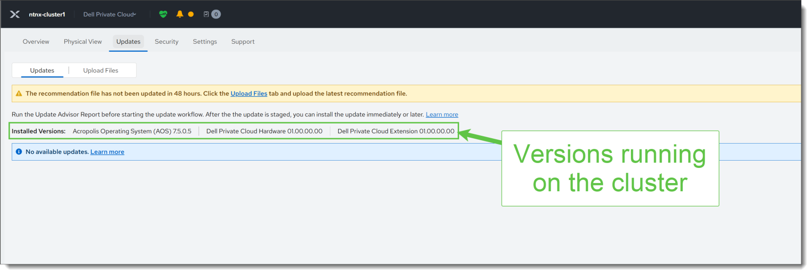 Screenshot of a software update dashboard for a cluster showing installed versions of operating system, hardware, and cloud extension. Key details include a yellow warning bar about a recommendation file not updated in 48 hours and a green arrow pointing to version numbers running on the cluster.AI-generated content may be incorrect.