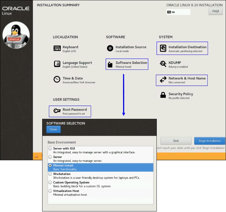 A screenshot of Oracle Linux installation summary dialog