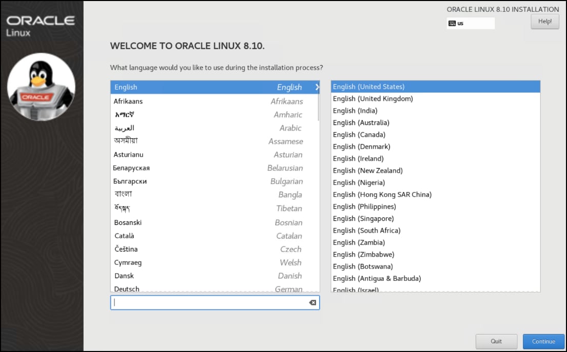 A screenshot of Oracle Linux installation language selection dialog