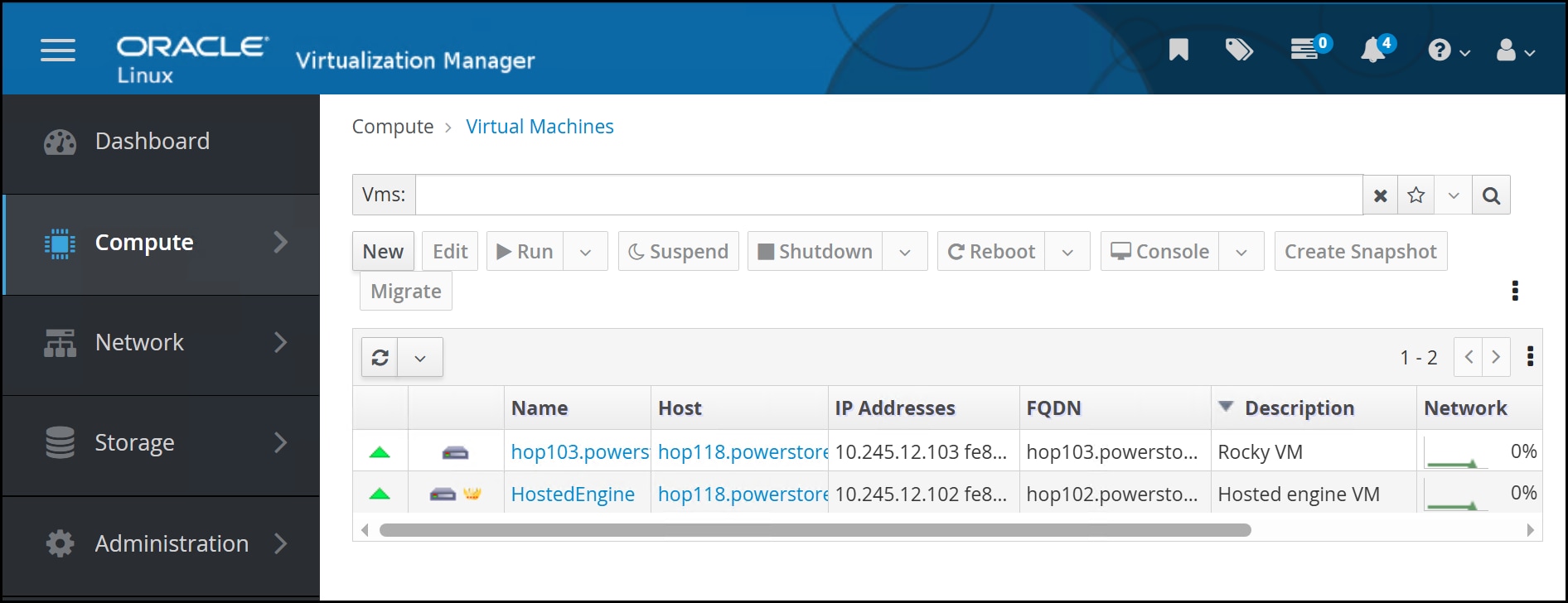 A screen capture of a self-hosted oVirt Engine VM