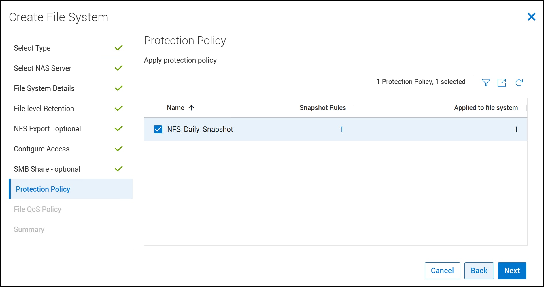 A screenshot of Create File System - Protection Policy dialog.