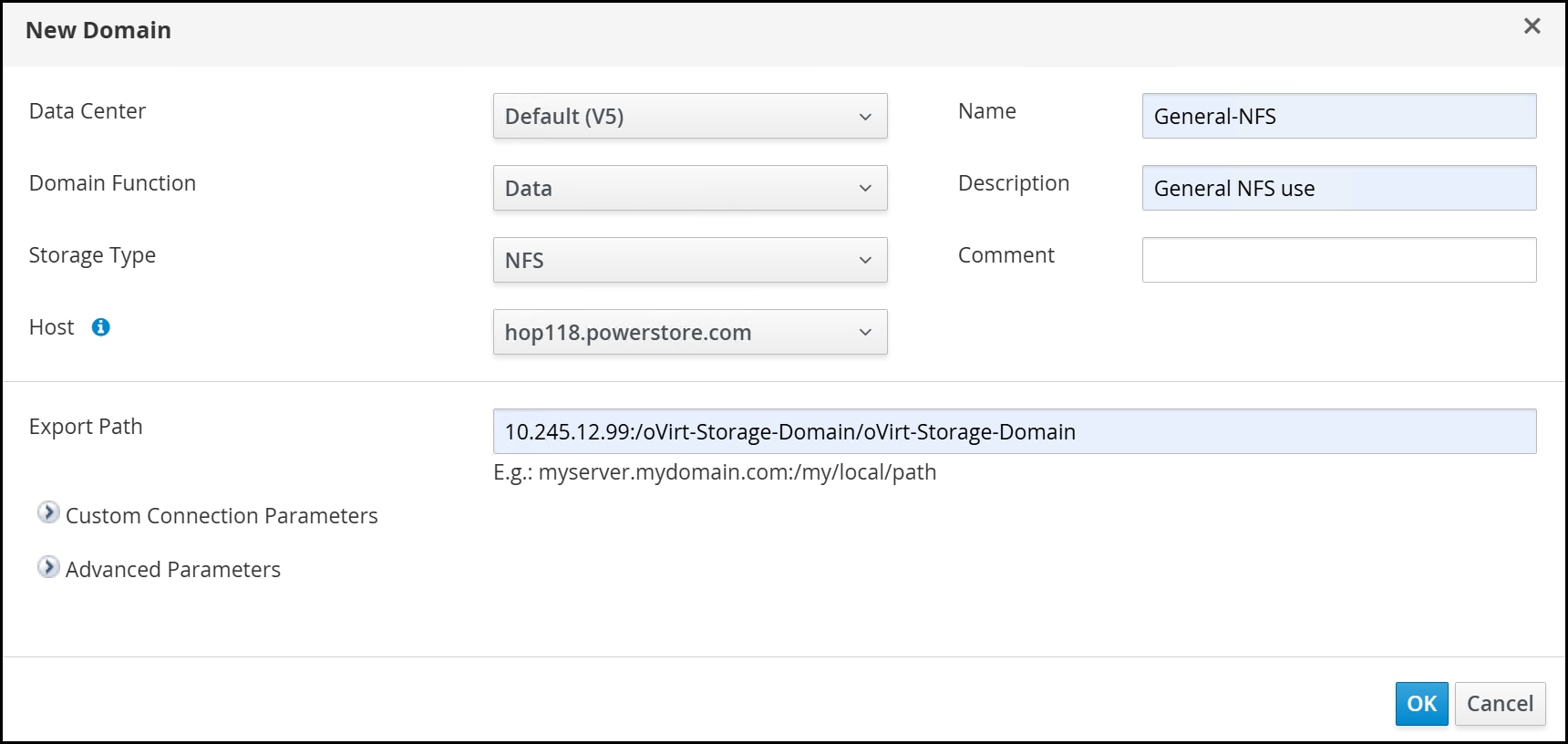 A screenshot of Oracle Virtualization Manager - New Domain dialog.