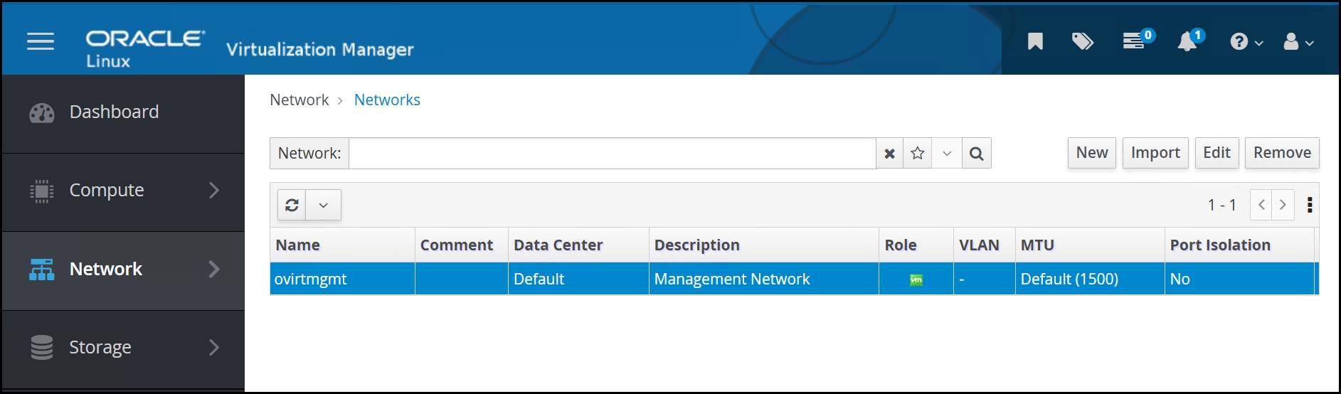 A screenshot of a Virtualization Manager - Networks window.