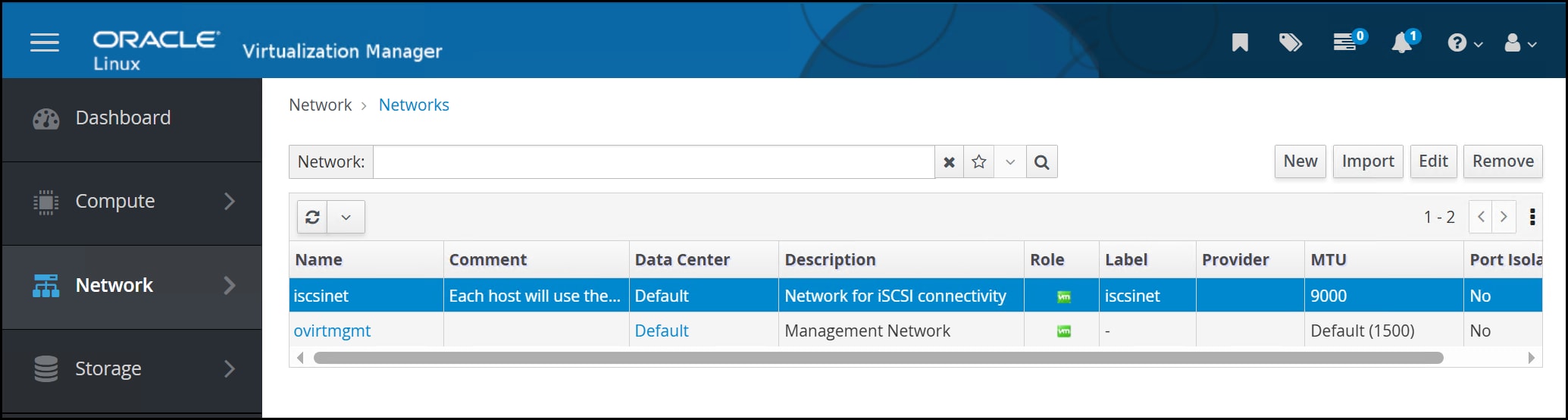 A screenshot of a Virtualization Manager - Networks window with iscsinet selected.