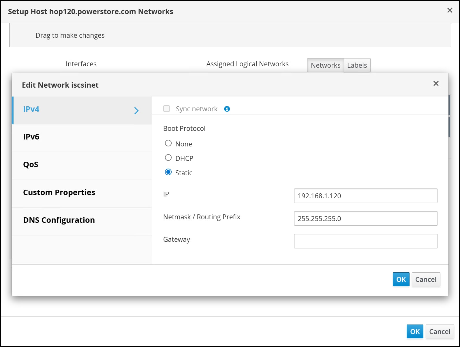 A screenshot of a Setup Host Networks - Edit Network iscsinet dialog.