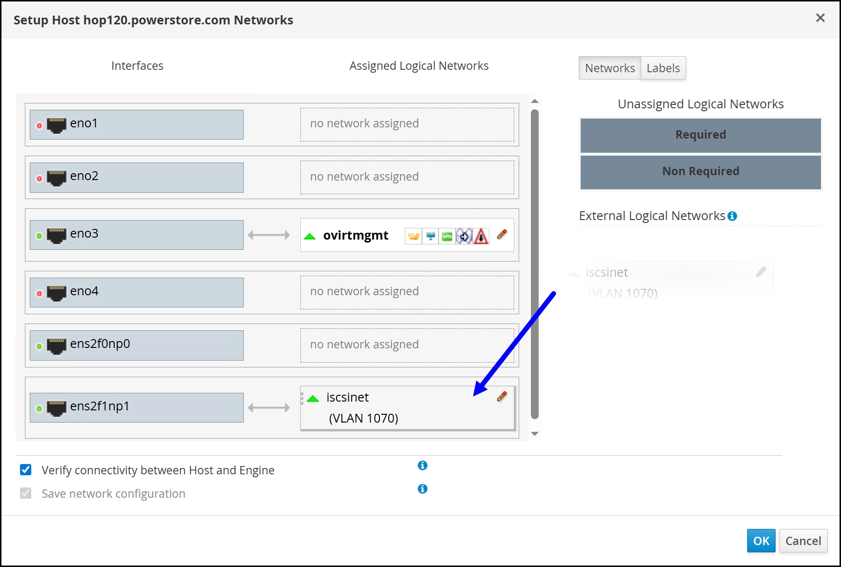 A screenshot of a Setup Host Networks dialog.
