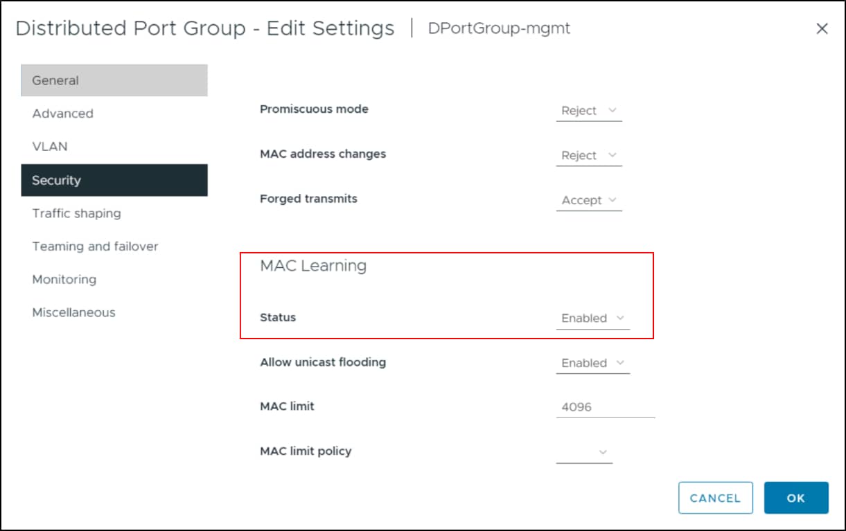 Distributed port group in vSphere 8 - MAC Learning
