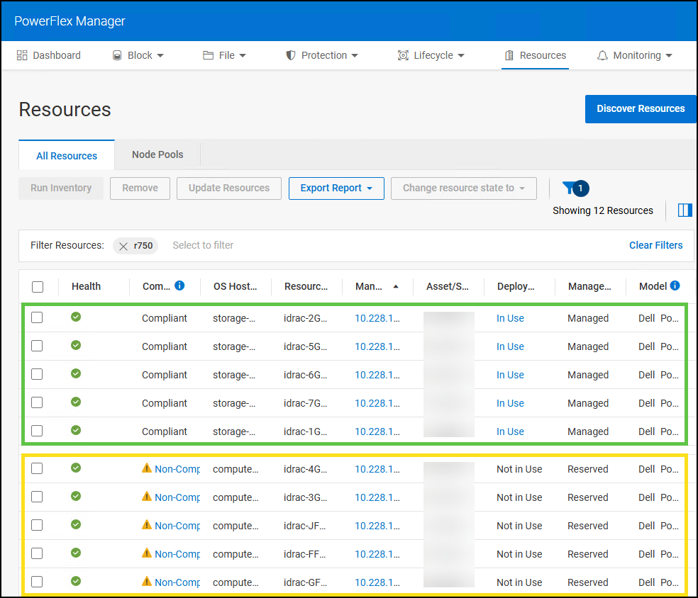 Figure 4. PowerFlex compliant storage only and non-compliant compute only nodes needing LCM as seen in PowerFlex Manager