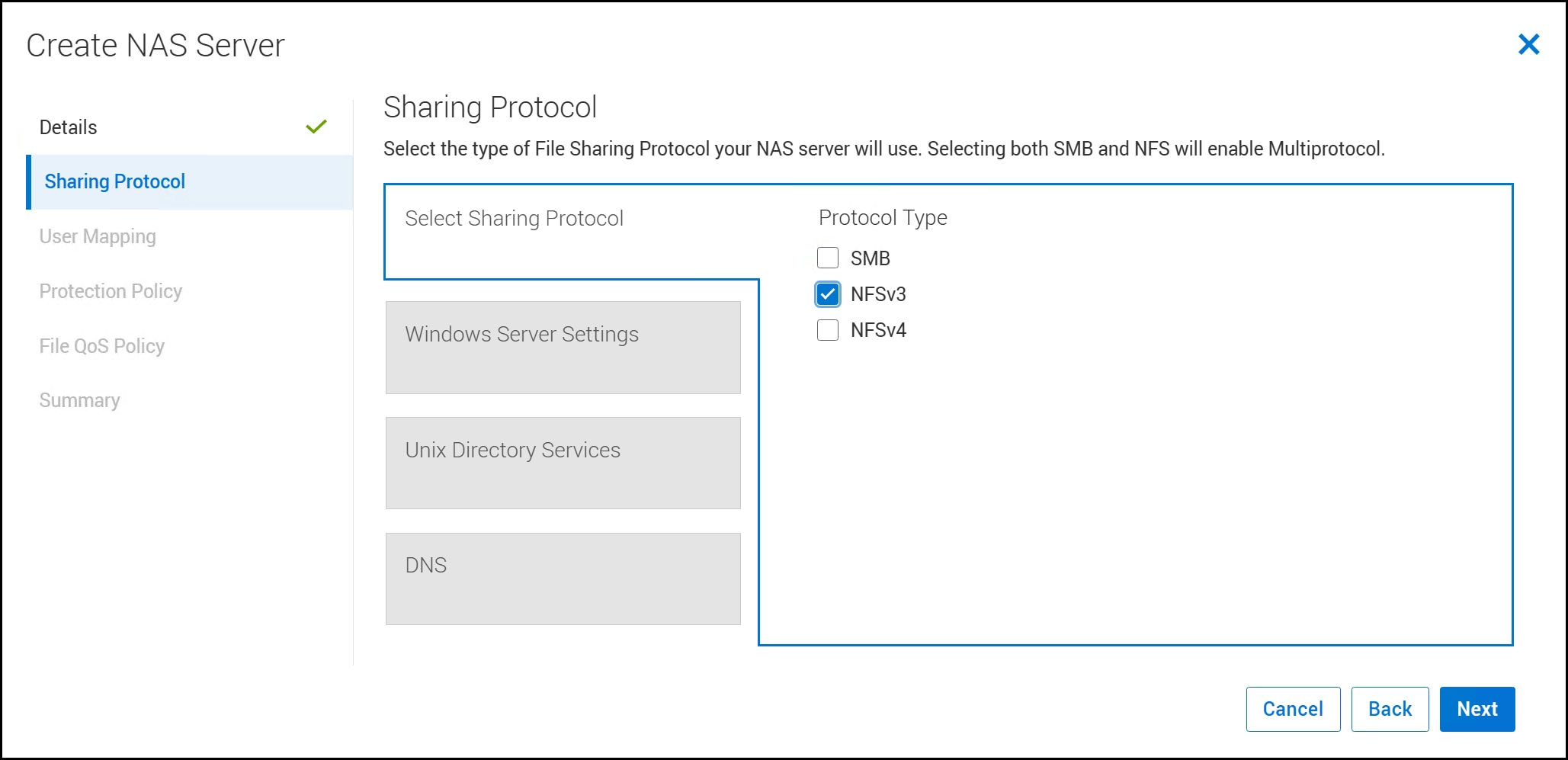 Screen capture of Create NAS Server - Sharing Protocol window