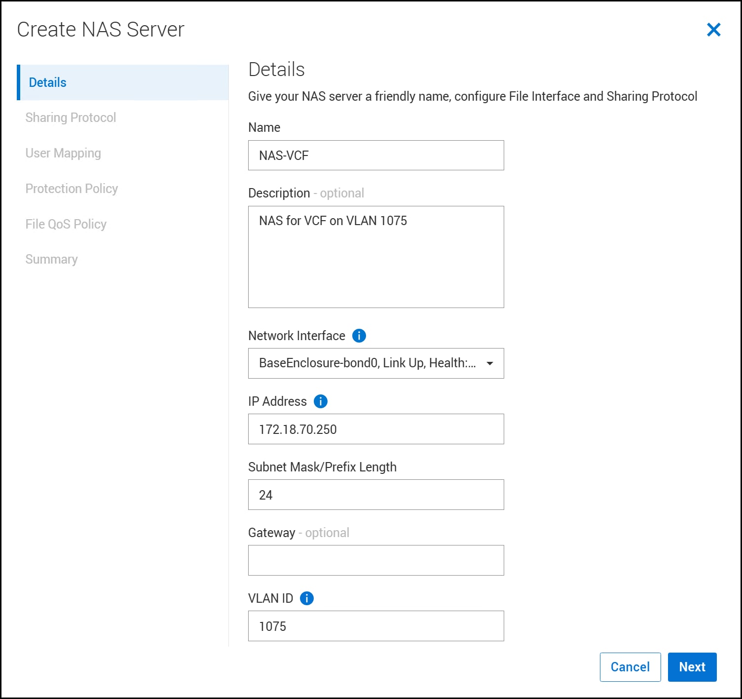 Screen capture of Create NAS Server - Details window